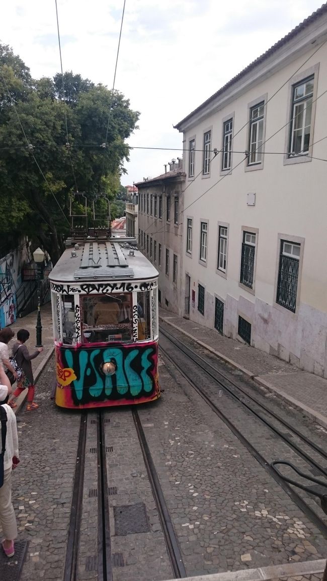 急勾配を昇り降りするグロリアのケーブルカーに乗りました。<br />　リスボンはトラムもそうですが、物凄く狭い道を通っていることが多いです。このケーブルカーもそう。上下線がすれ違いときなんか、窓から手をだしたら隣りの車両に触れそうです。<br /><br />　落書きもすごいですね。