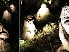 夜の庭園を少しだけ散歩。

伊藤若冲羅漢石。
江戸中期の画家・伊藤若冲の下絵による五百羅漢の内の20体で、京都南郊伏見の石峰寺に置かれていたものと伝えられています。
（パンフレットより）