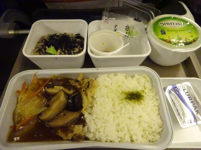 機内食はビーフあんかけご飯とそばでした。<br />それからキャセイパシフィック航空は食後のハーゲンダッツも好評です。往路、復路ともにありました。