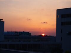 3月25日、朝7時20分 伊丹空港発のJAL便に乗りました。
写真は、6時前の伊丹空港屋上の展望台から、日の出。
月曜の朝だったので、他には誰もいませんでした（笑）