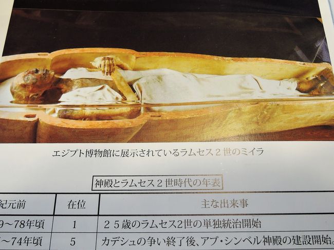 アブシンベル神殿で購入したガイドブックに<br />掲載されていた、ラムセス2世のミイラの写真だけ、<br />お借りします。<br />ラムセス2世は、ミイラになってもなお、大きいと<br />感じたので、生前は本当に大きく威厳ある王だったの<br />だろうと思いました。<br />何度も見た像のように、美形の王様だった面影がありました。<br />他のミイラも、保存状態が素晴らしく、古代エジプトの人々が<br />心から王の復活を信じ、願っていた気持ちが伝わってくる<br />ような気がしました。<br />