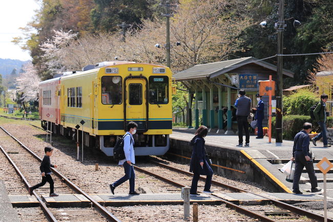 停車中の大原行き列車がお客様をサザエさんのエンディング曲みたいに一人二人と飲み込んでいきます♪
