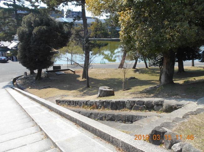 高い階段の下には猿沢の池が見えます。