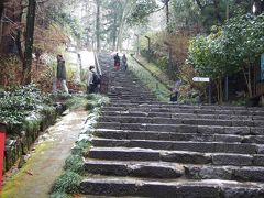 結構渋い石段を登って行きます。

この階段の左手の駐車場に貸し出し用の杖とロッカーがありましたよ。