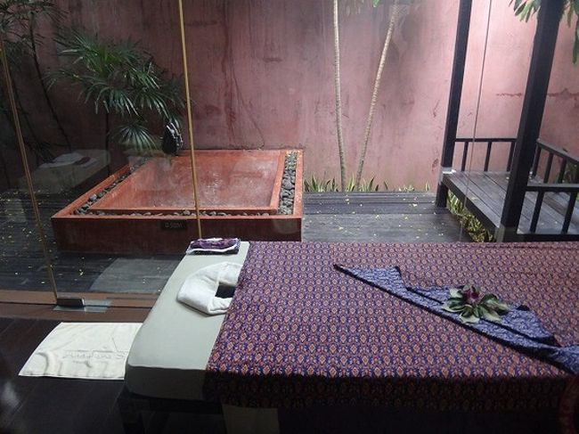 スパのお部屋。<br />隣りあわせじゃなくて、縦にベッドが並んでいました。