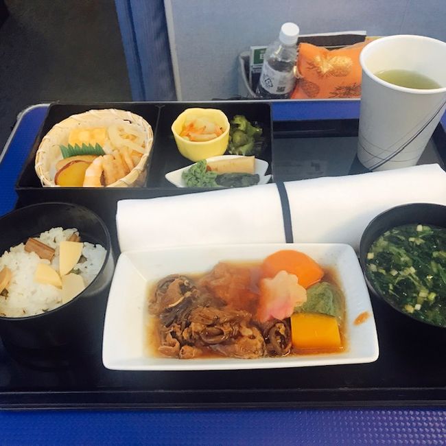 ランチタイムなので機内食もしっかりめ<br />【メニュー内容】<br />■鰆幽庵焼き、 海老<br />■パパイヤチャンプルー<br />■キャベツと桜海老のお浸し<br />■煮物の旨煮餡かけ（牛肉、ぜんまい、南瓜、人参、桜麩、蓬麩）*<br />■山菜ご飯 *<br />■味噌汁