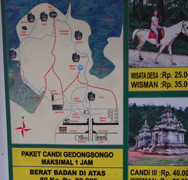 1時間ほど走って山に入り、暫く凸凹の小道を走ると小さな村に着いた。車1台がやっと通れるほど狭いメインストリートは、100mも有るかというほどのものだったが、朝の買い物客で大変賑わっていた。突き当たりが歴史公園になっていて、運転手はここで待つから勝手に行けという。入場料は、外国人価格。入り口から見た公園は、トレッキングコースを歩く感じに見えた。