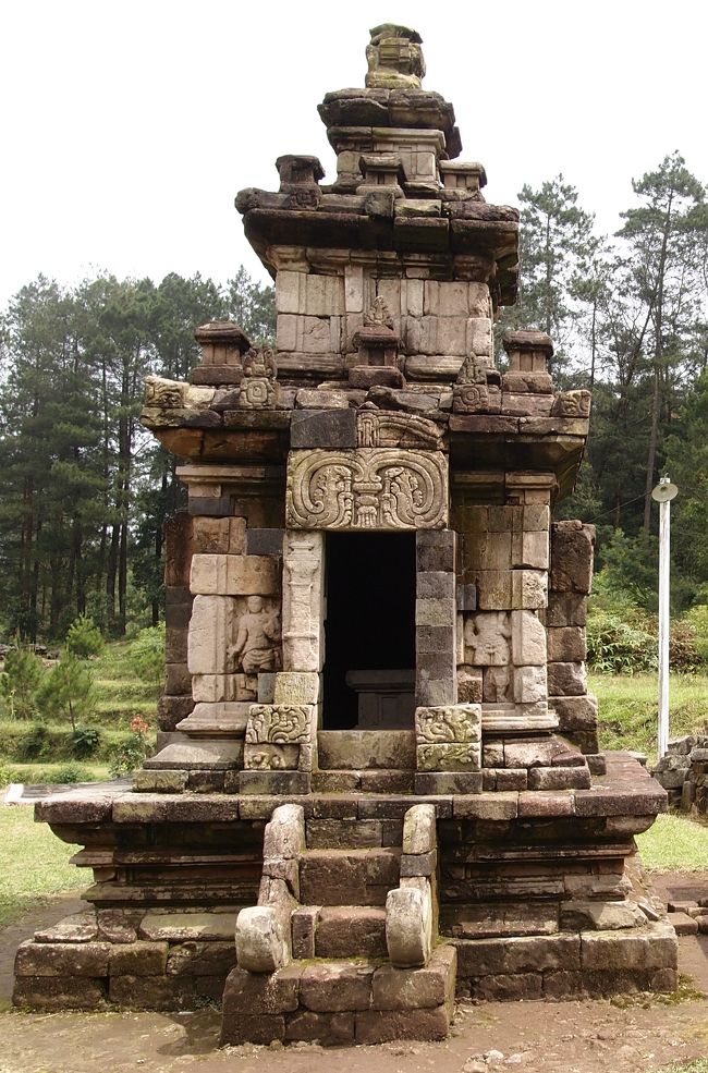 今までの物より小型で、屋根の上の石塔の形が異なり、数も増えています。入口のレリーフも、幾つもの頭を持つ蛇なのか。ヒンズー教に出て来る、何かなのでしょう。これだけ異質に見えます。