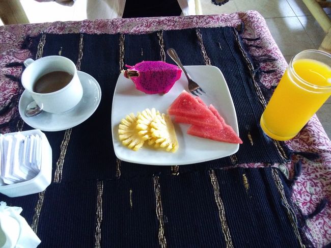 朝食のフルーツプレート。これに、パンとオムレツがついてきます。結構ボリューム満点のオムレツを作ってくれます。