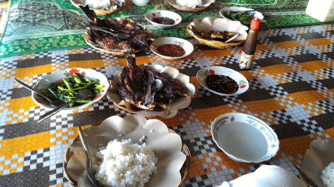 ご飯と、空心菜炒めと、魚と、サンバルというたれでいただきます。見た目以上に最高の食事です。