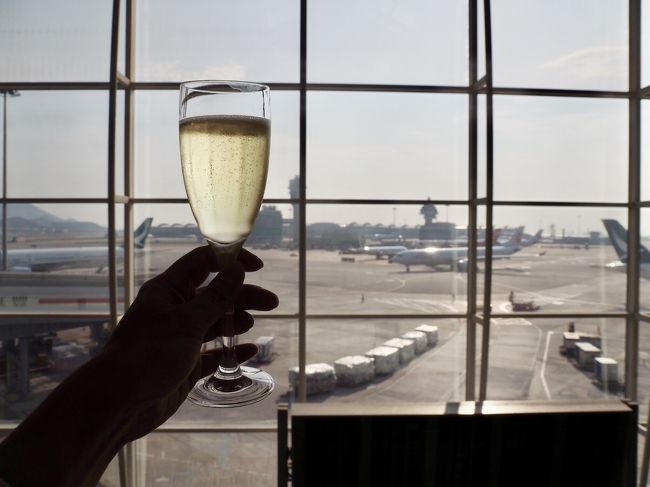 エミレーツのシャンパンはモエシャンドン。<br /><br />フムスをアテに、これから始まる旅にかんぱーい。