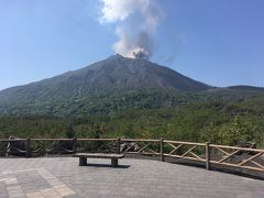 有村溶岩展望台に到着。
うわ～本物の噴煙がもくもく上がっている！
若洲海浜公園からディズニーシーの山が噴火するところを遠目に見たことがある程度なので、活火山に足を踏み入れただけでハラハラしました。
しかし、この島に暮らす人にとってはこれが日常なのですね。