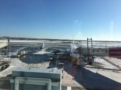 新千歳空港。雪の量はまぁまぁ。この後は北海道リゾートライナーでルスツへ移動します。
