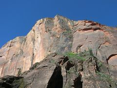【Temple of Sinawava 9:50】
終点のバス停Temple of Sinawavaで降りると断崖絶壁に囲まれていました。
こんなところを岩登りする人もいるとか。上に行くまでに1日ではいけないそうです。