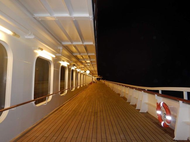 流石に出航して洋上を行く船の外は真っ暗な世界ですが、風を感じるにはいいのでちょっと食後お腹一杯だったので腹ごなしにフラフラしていました。<br /><br />初日はやはり、長距離飛行と乗継で疲れているのでこの後ぐっすり眠れました。<br /><br />これから１週間の旅が始まると思うと凄くドキドキする初日でした。<br />