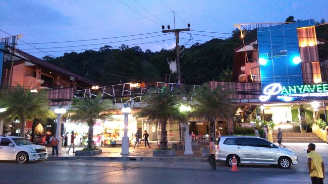 日が暮れたので、夕食場所までのんびり歩きます。途中で電線直してました。