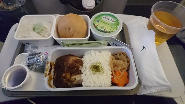 機内食。<br />さっき食べたばっかりなのでスルー。<br />いつものフルーツミールにしておけば良かった。。