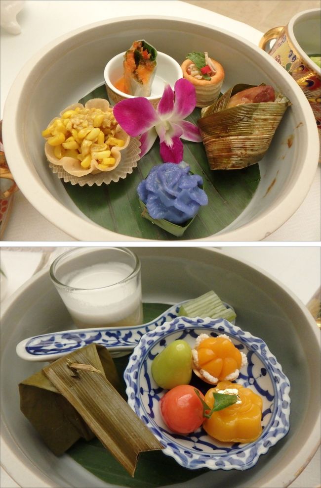 その下の２つめと３つめの容器の中も、<br /><br />ほとんどが、くにゃくにゃしたういろう的な甘いお餅ばっかりで<br /><br />申し訳ないけど、ほとんどすべて、口に合いませんでした。<br /><br />サイズ感も、このオーキッドのお花と比べていただければ、<br /><br />どれだけの小ささか、分かっていただけるかと。。<br /><br />なんか口の中が、ただただ単調に甘ったるくなっちゃって、スコーンも美味しく感じられず、完食できませんでした。<br /><br />無駄に血糖値上がっただけ～、みたいな。<br /><br />このあと、お口直しに何か少しはマシな大きなものが出てくるかと思って待っていましたが、<br /><br />結局なにも出てこず、たったこれだけで1,765.50バーツ（約6千円）でございました・・<br /><br />私のお隣のテーブルにいらっしゃった韓国人っぽいカップルのお二人も、同じセットを注文されてましたが、<br /><br />お召し上がりになりながら、眉をしかめたり、首を傾げたりして、何とも微妙なリアクションをされていらっしゃいました。<br /><br />このオリエンタル アフタヌーンティーセット、おすすめしません。<br /><br />「オリエンタル」というエキゾチックな響きにつられてはいけません。<br />実態はほんとの「オリエンタル」で、われわれが日常知っているイカさきイカくんです。<br /><br />つーか、天下のMOバンコクがこんなレベルのもの出していいのかね。。<br /><br />まだ普通のウェスタンな三段トレイケーキセットにしといたほうがよかったかも。。(-_-;