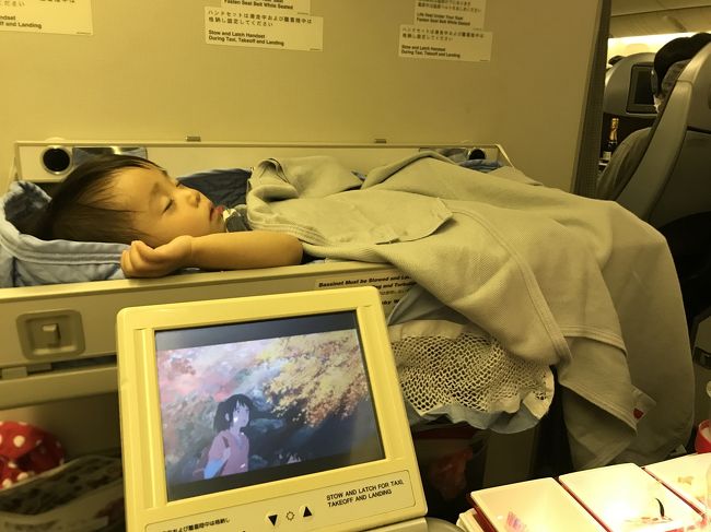 娘は小柄なので、1歳半の娘はギリギリバシネット使えました。<br />事前にJALへ電話して、バシネット希望の旨伝えておきました。<br />行きは深夜便でほとんど寝てくれてたので、親もゆっくり過ごせました。