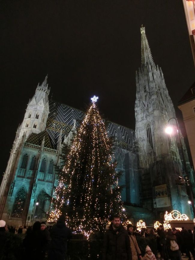 夜のシュテファン大聖堂。<br />クリスマスマーケットも開かれています。