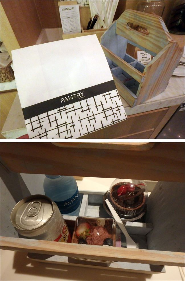 ルームカードキーを受け取るかたわら、<br /><br />またまた、アヴァニクラブ特典のPANTRYに立ち寄り<br /><br />こちらの専用木箱に<br /><br />ジンジャーエールとティラミスとチョコタルトをいただいて、お部屋へ持ってくことにしました～ (*^^*)<br /><br />いやー、24時間いつでも好きなものを好きなだけタダで持っていけるって、<br /><br />アヴァニクラブ特典、やっぱり最高ですね！(≧▽≦)