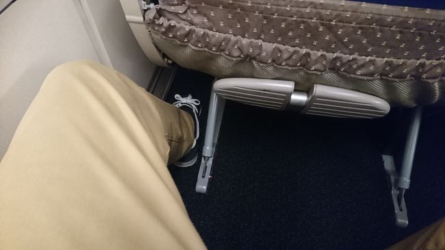 機体とシートのこの隙間、足をまっすぐ伸ばせます。しかも隣は空席！超ラッキーです。