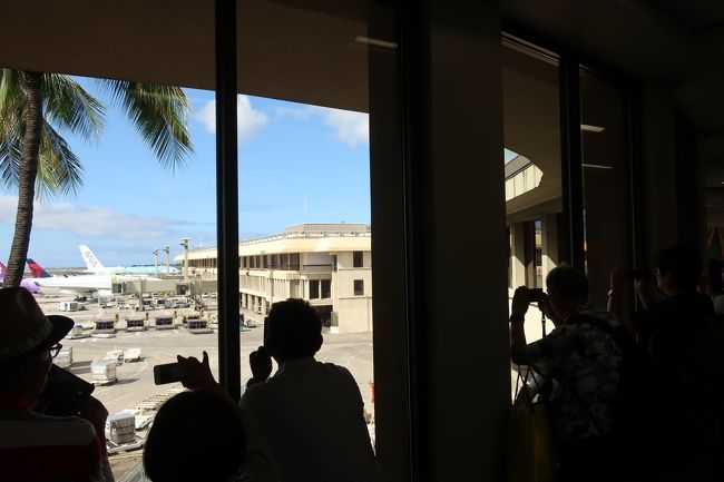 イミグレまでの動線。<br />ホヌ機が見える窓からは終始記念写真。