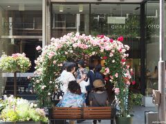 元町商店街　バラの花で飾られたベンチ

日除けにもなるのでベンチに座っている人も多かったです。
バラの花は「レオナルドダビンチ」