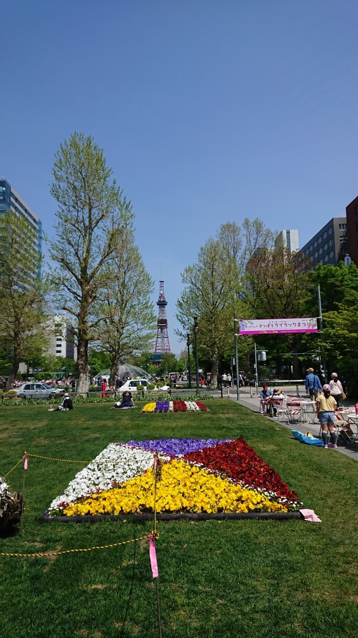 新千歳空港から1時間弱で札幌市内到着。
まずはこれぞ札幌のシンボル！ってことでテレビ塔が見える大通公園へ。
ちょうどライラック祭開催中で賑わっていました。
青空とお花のカラフルさがとっても気持ちいい！
しかし、5月の北海道だと言うのに暑い。
今年初の夏日でした…。
もう半袖でも良かったかもしれません。