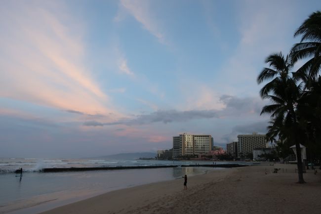 早朝のビーチ。<br />散歩する人とサーファーくらいかな。<br />意外と一人で自撮りしている人が多くて驚いた。