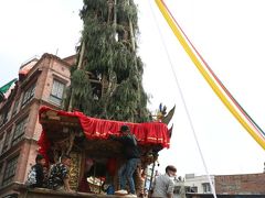 アンナプルナ寺院の手前では、前日はなかった新年を祝う山車がありました。山車には、ご神木を捧げ、旗が掲げられています。子どもたちが嬉しそうに山車に乗って遊んでる。