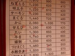次にやって来たのは、敦賀にある日本海さかな街。
ここで自由昼食となった。

我々は海鮮丼を食べることにした。
この料金表は、読解が少し難しい。
どんぶりは基本的に、1種類だけを盛る1種盛、2種類を盛る2種盛、3種類を盛る3種盛がある。
ウニだけのウニ丼にすると3340円。
ウニとイクラの2種盛にすると、1680円＋990円＝2670円
ウニとイクラとネギトロの3種盛にすると、1120円＋660円＋410円＝2190円。
…てな計算になる。
そう理解するのに、1分かかった。