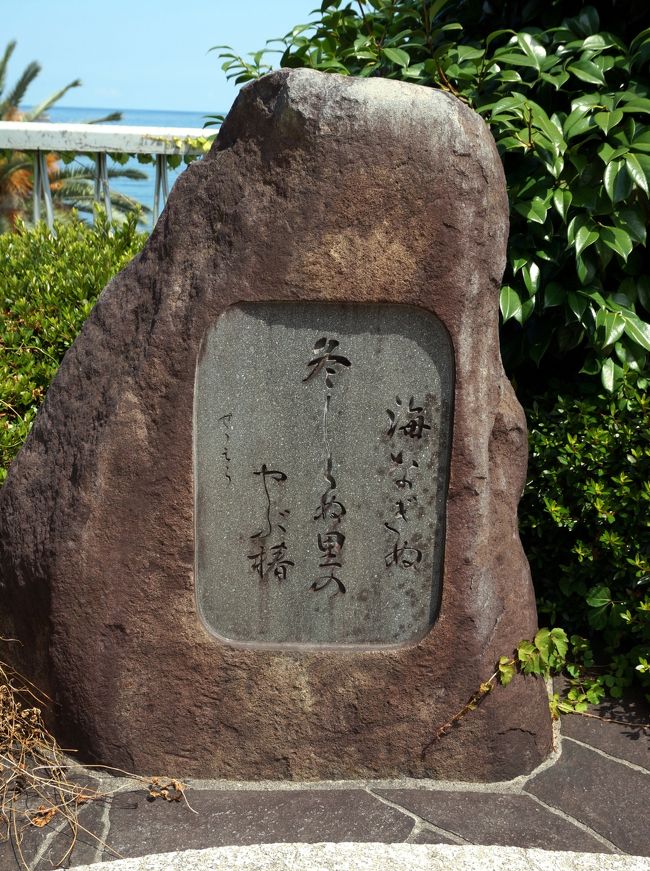 海岸を背にして逍遥の句碑があります。<br />　　海なぎぬ　<br />　冬知らぬ里の　<br />　　　　やぶ椿　　　　　　　<br />　　　　　　　せいえう　<br />　碑のバックは藪椿ですね。　　　　