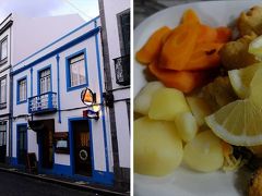 オルタ・マリーナからの夕景を楽しんだ後は、更に歩を進めて今日のお目当てのTasca O Capitolio へ。
左の画像の白と青に塗り分けられた建物がそのお店。
オルタ・マリーナから歩いて10分もかからない場所にあります。
看板は小さくて目立たないので要注意。

ここは地元料理のお店。
うっかり店内の様子を撮り忘れましたが、海にまつわる小物を飾り付けてあり落ち着いた雰囲気。
お店のスタッフも落ち着いた物腰のフレンドリーな接客態度で好感度アップ。

海老のガーリック炒め、白身魚のフリッター、鶏胸肉のグリルはシンプルな中に滋味が感じられて美味しくいただけました。
ファイアル島でオルタの街に泊まるなら、一度行ってみては？