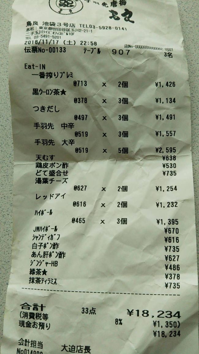 3人で手羽先8人前。前は10人前以上毎回食べてましたが、今回私は寿司食べ放題からのダブルヘッダーで致し方ないでした。