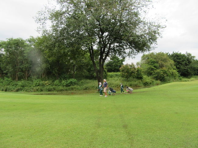 大きな樹木の先は池になってた。<br />暫く、乾季は水無しだったが、今回の雨で、逆戻りの池に。<br />約５時間プレーだったが、無事ラウンドできた。<br />１点の差で、入賞ならず。<br />初回プレーとしては、マズマズだったが。