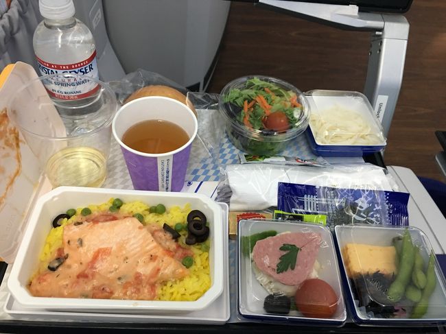 帰国便の機内食です。大きなサーモンは美味しかったですね。<br />本当にANAの機内食は美味しいし、量も多いです。<br />デザートにマンゴーソルベが付きます。<br />もうお腹いっぱい