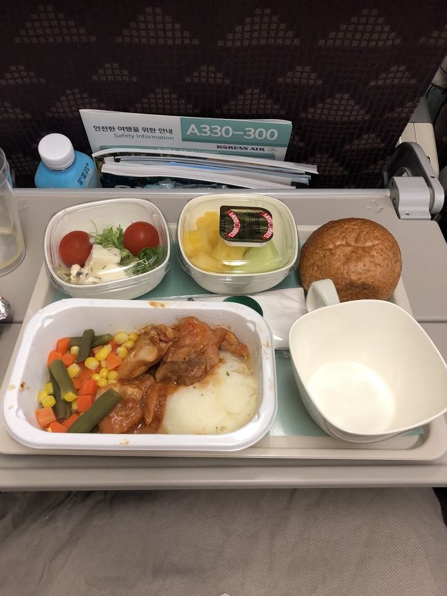2回目の機内食は<br />ビーフ、チキン、パスタから選べました。<br />二人ともチキンに 。<br /><br />いや、大韓航空の機内食が<br />本当に美味しいんですけど。<br />日系や、デルタのより<br />断然美味しい！