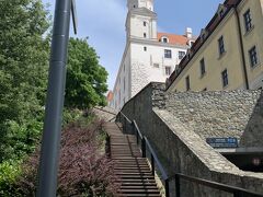 長いタラタラ坂を登って行くと、お城の門の手前に、長い階段がありました。
こちらからも上って行けるようでしたが、暑さと暑さと暑さで、長い階段を上る元気など少しも残っていませんので、そのまま坂道を進みます。