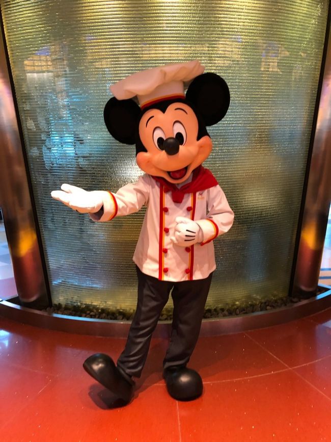 一通り食べたらグリーティング<br /><br />テーブルに置かれたグリーティングカードを持って、キャラクターのいきます。<br /><br />一緒に写真を撮ったり、ミッキー単体で撮ったり。<br />ここのミッキー、意外と淡白でした。。