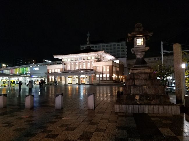 夜に奈良に着きました。JR奈良駅を出てすぐのところにある白っぽいお寺みたいな建物は観光案内所になっています。