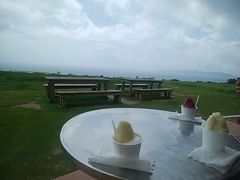 14:00に観光タクシーにアートホテルに迎えに来てもらう。4時間で予約している。運転手さんに相談したところ4時間あれば最北端の平久保崎までなんとかいける、ということだったのでお願いしました。
まずは、昼食とったばかりだったけどミルミル本舗へ。ちょっと雨が降ってきてしまったのが残念だったけど緑の中で海を見ながらジェラード食べる、いいねー。