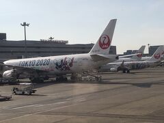 06：30発の羽田行きは千葉から始発に乗って間に合うギリギリ時間。

空港到着、保安検査も何とか間に合って搭乗。
最近はスペシャルマッピングの機材がたくさんあって楽しい。
乗りたいけどなかなか当たらないのです・・・

こちらはオリンピック仕様ですね。