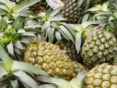 石垣空港からはバスで今日のホテルまで。
まだチェックイン時間になっていないので、荷物を預かってもらって石垣中心部でお買い物。

食材を仕入れに行ったのは、市役所近くのファーマーズマーケット。

目に入るパインたち。
150円とかまじかーーって価格もある素敵なところ。
まずはちょいと高級な300円のパインをGet。