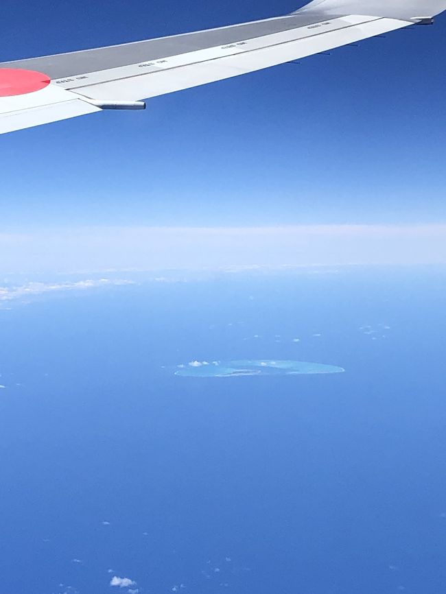 感傷に浸りながら外を見てると、離陸してから2時間くらいたったところで海の中に何かを発見！<br />すごい良さげなビーチじゃない？と思って、通りかかったCAさんに聞いてみたところ、あれはミッドウェー島だそうです。<br />これがあの有名な…！<br />初めて見ました。大興奮！<br />一人ではしゃいでて周りは誰も見てなかったから、もしかしていつも見えるのかな？