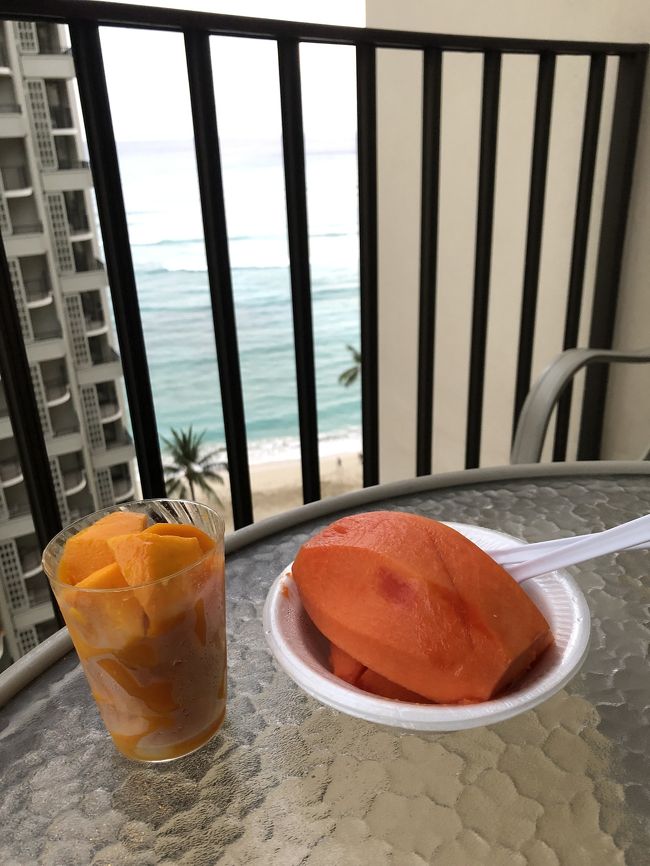 翌朝。<br />昨日の夜高橋果実店で買っておいたマンゴーとパパイヤで、軽く朝ごはん。（1度目の…）