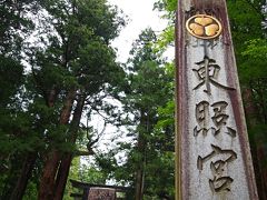 日光東照宮に到着してゆるやかな坂を登っていくと、大きな神社名石碑が姿を現す。
その奥には江戸時代に作られた、石造りの鳥居では日本最大を誇る高さ9ｍの石鳥居が見えた。