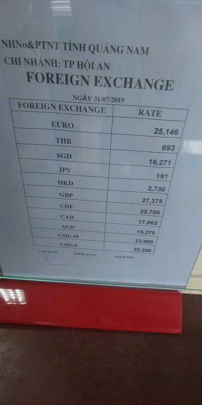 現金を持っていなかったため、近くの銀行で両替。<br />ホイアン旧市街のお土産物屋さんの方がレートが良かったです。<br /><br />銀行：10,000円＝1,910,000VND<br />お土産物屋：10,000円＝2,100,000VND