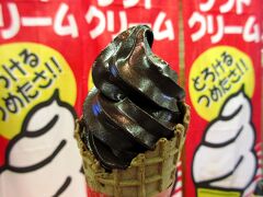 富山といえば、ご当地ラーメン「富山ブラック」が有名ですが、これを真似た、黒いソフトクリームがここの名物です。本格的なビター味で、甘さひかえめ。とても美味しく感じました。