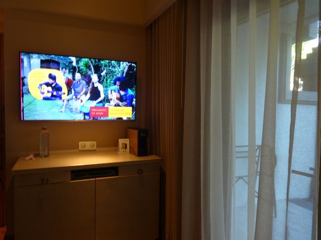 テレビはそこそこの大きさ。<br />その下に冷蔵庫等あります。。